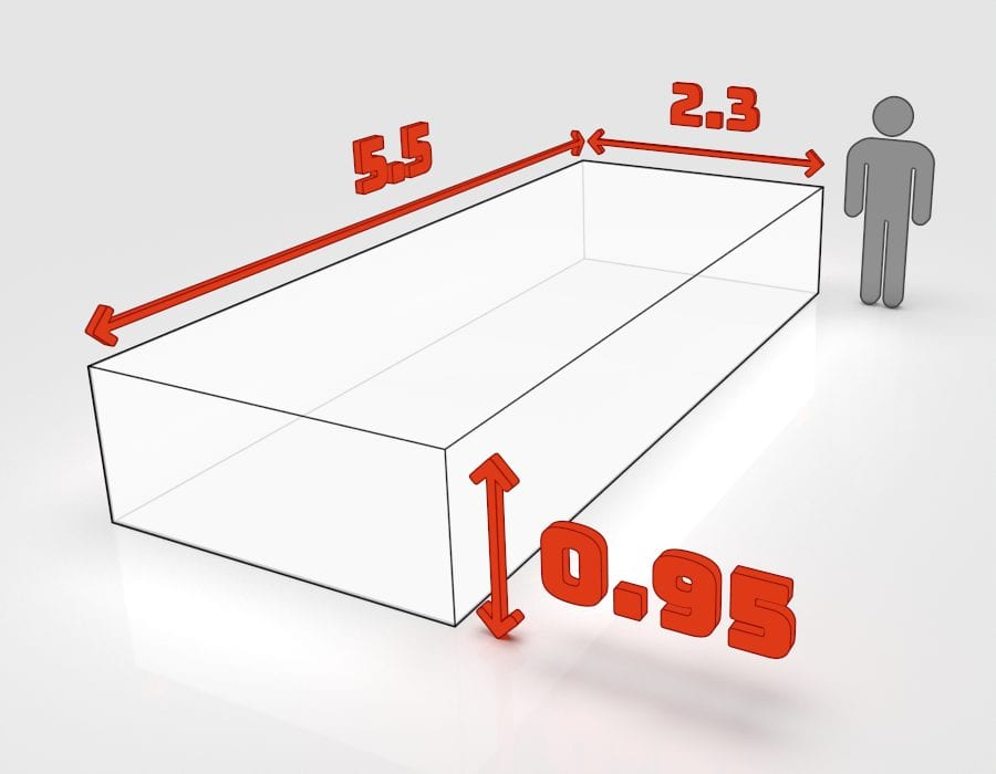 Dimensions de la benne 10 m³ à louer à Lingolsheim : 5,5 × 2,3 × 0,95 m