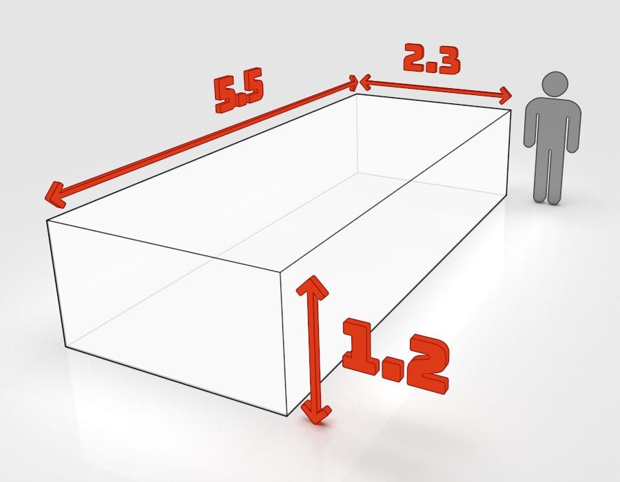 Dimensions de la benne 20 m³ à louer à Lingolsheim : 5,5 × 2,3 × 1,2 m