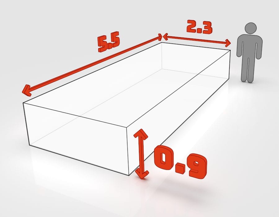 Dimensions de la benne 8 m³ à louer à Lingolsheim : 5,5 × 2,3 × 0,9 m